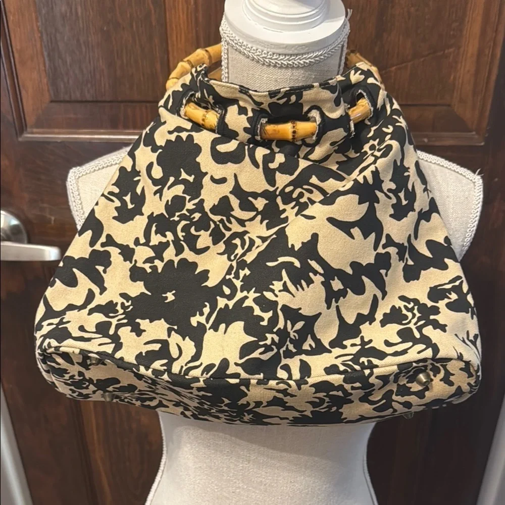Avon Floral Black and Tan Tote with Bamboo Handles